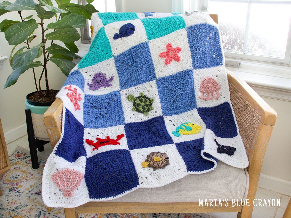 Ocean Themed Granny Square Blanket crochet pattern by Maria's Blue Crayon