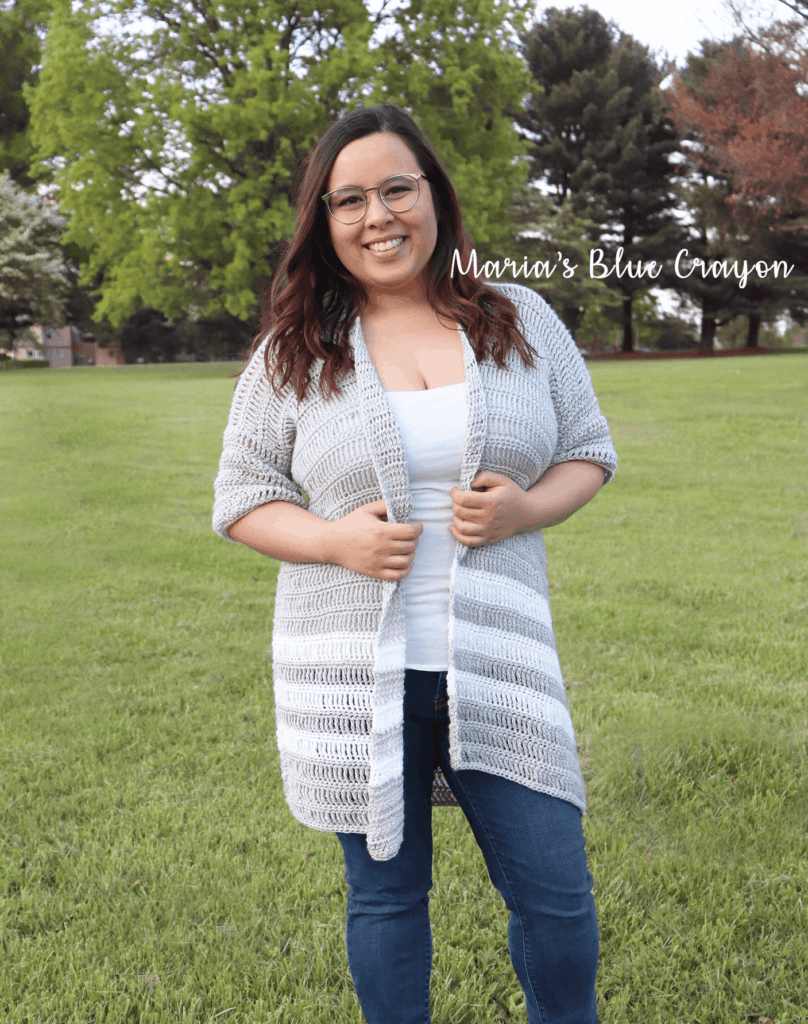 Easy long crochet cardigan pattern with stripes.