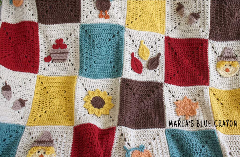 crochet fall themed granny square blanket and appliques 