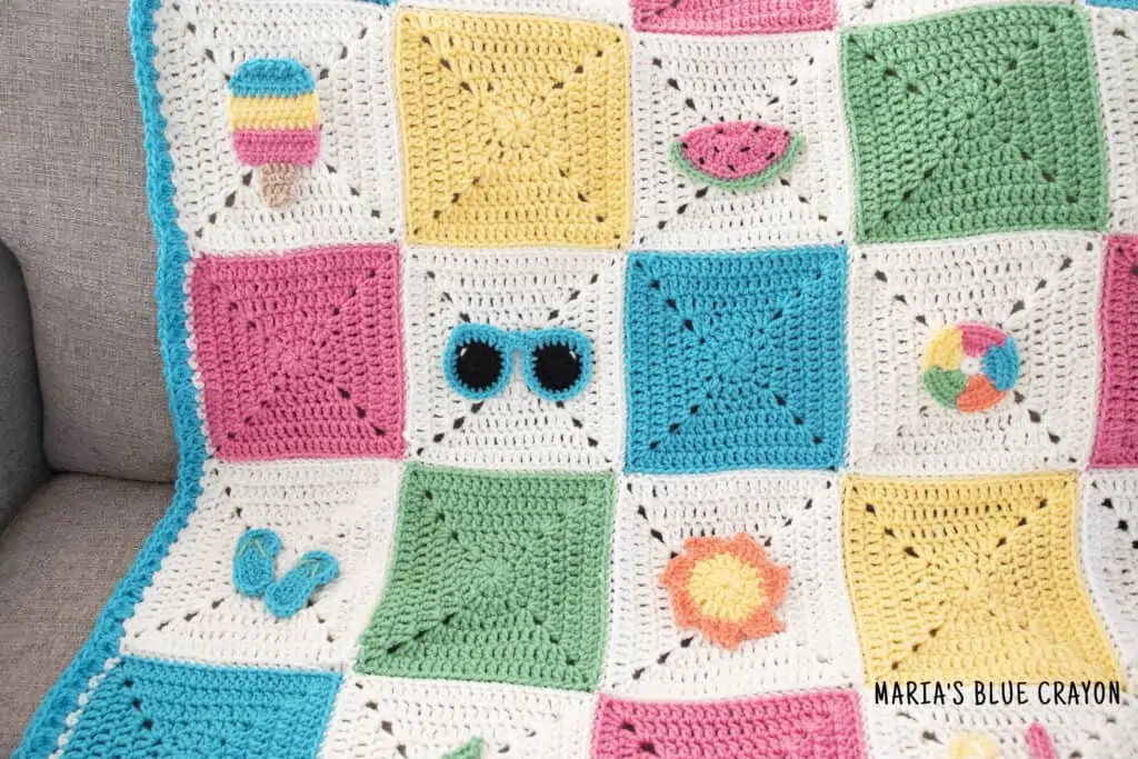 crochet summer themed granny square blanket pattern