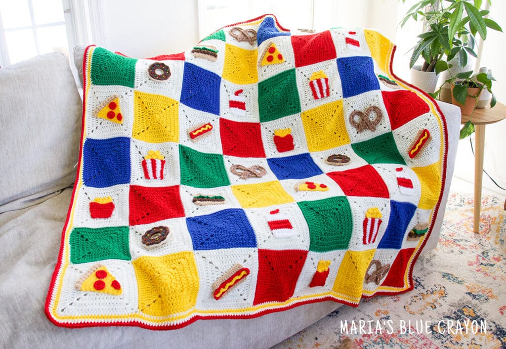 crochet food themed granny square blanket pattern
